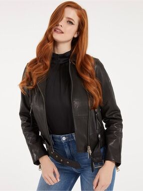 GUESS CAMILLE black leather moto jacket with belt